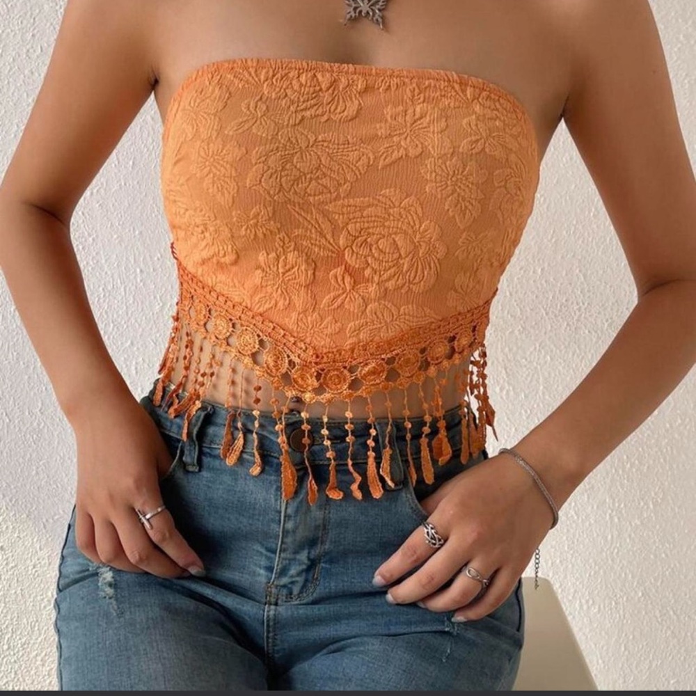Amazon Orange Strapless Lace Fringe Crop Camisole